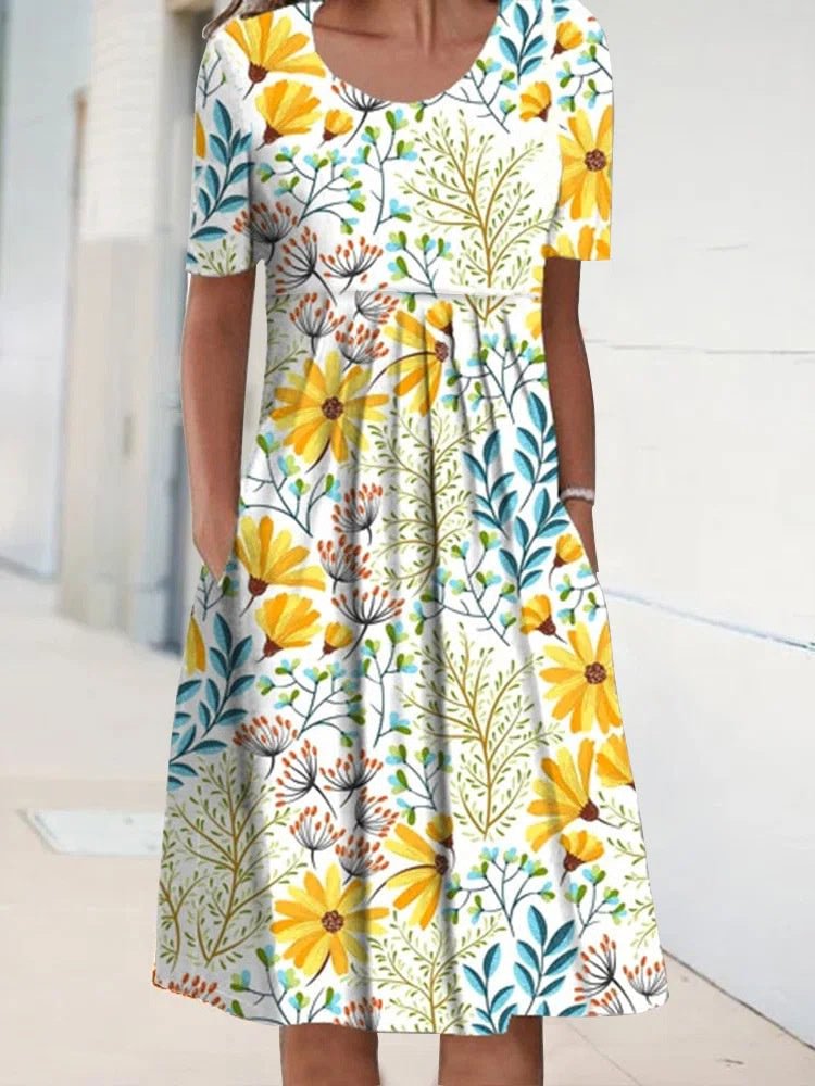 Women Short Sleeve Scoop Neck Floral Printed Polka Dot Graphic Midi Dress
