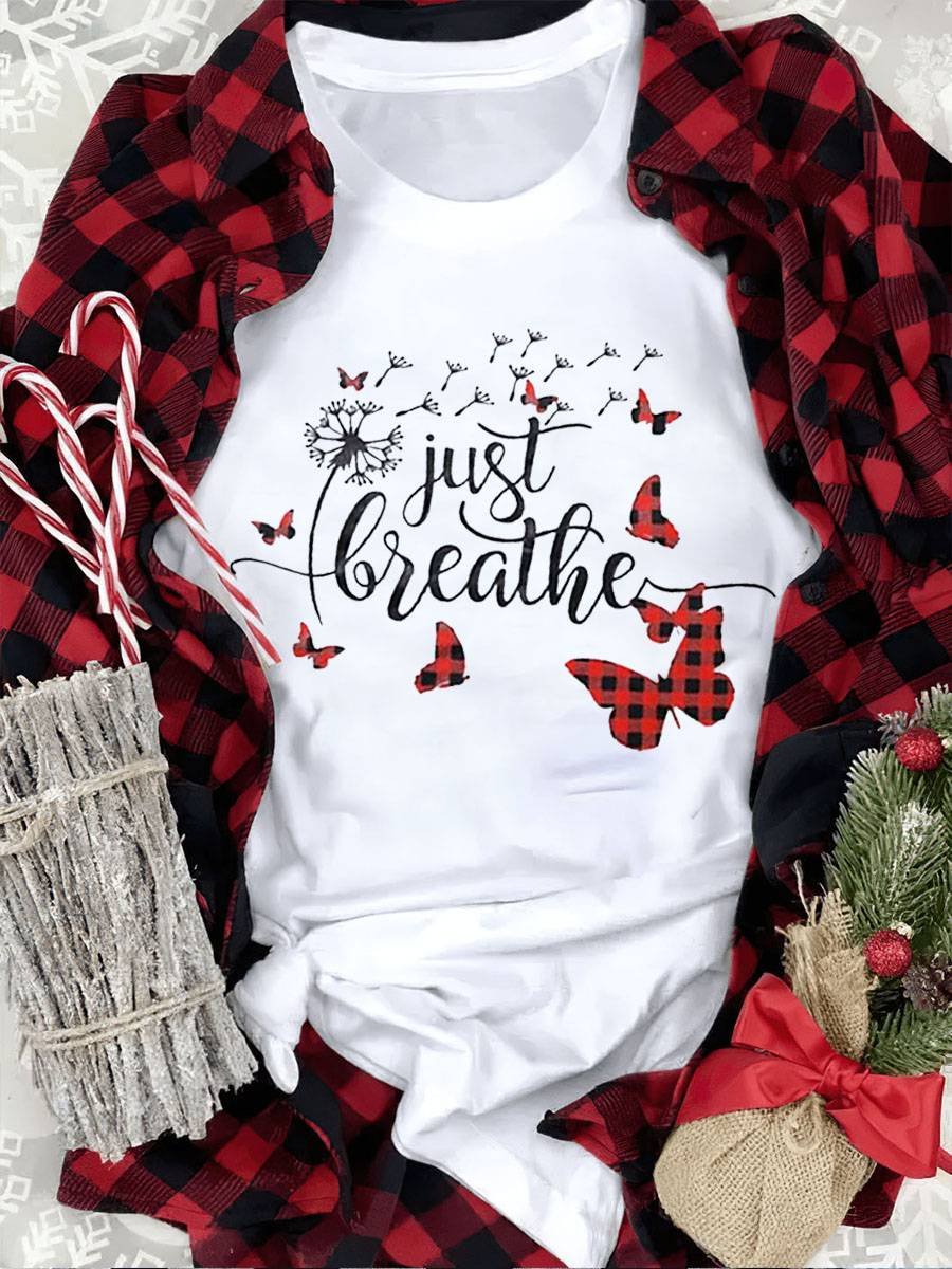 Just Breathe Butterfly And Dandelion Plaid Print T-shirt Tee