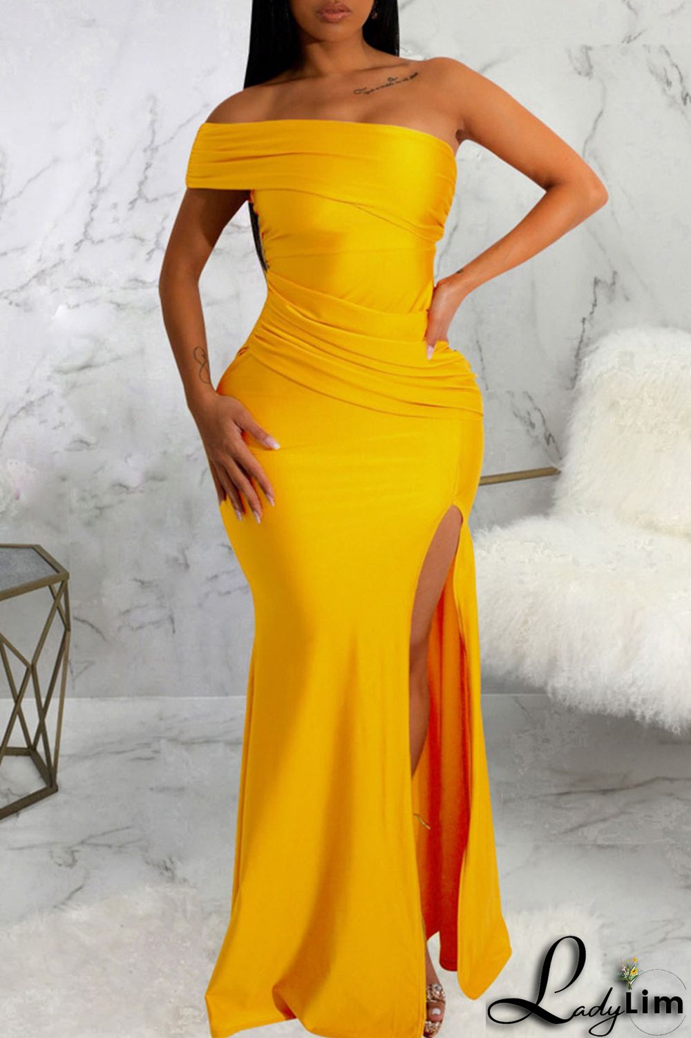 Tibetan Blue Sexy Elegant Solid Patchwork Slit Asymmetrical Off the Shoulder Evening Dress Dresses