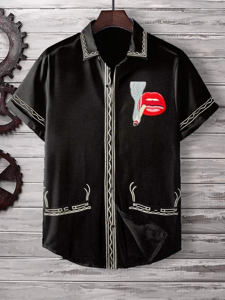 Men's Cigarette Lip Print Short Sleeve Shirt