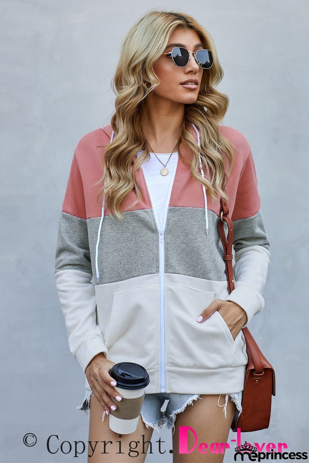 Zip Front Color Block Splicing Drawstring Hoodie