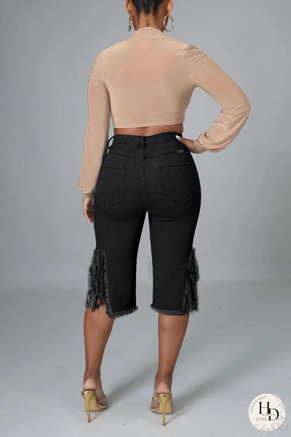 Black Fashion Casual Solid Ripped High Waist Regular Jeans