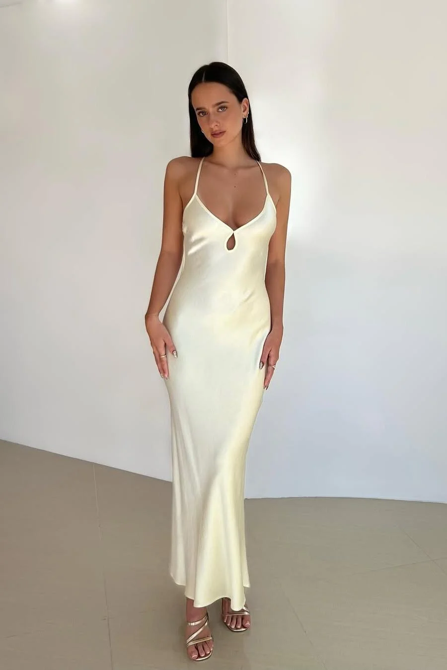 Miabel Simple Cream White Satin Halter V Neck Sleeveless Long Slim Prom Dress 