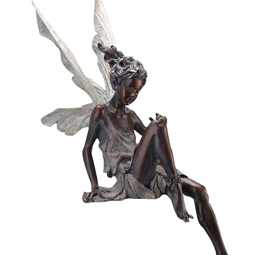 Flower Fairy Sculpture Yard Landscaping Resin Turek Sitting Statue (Black)