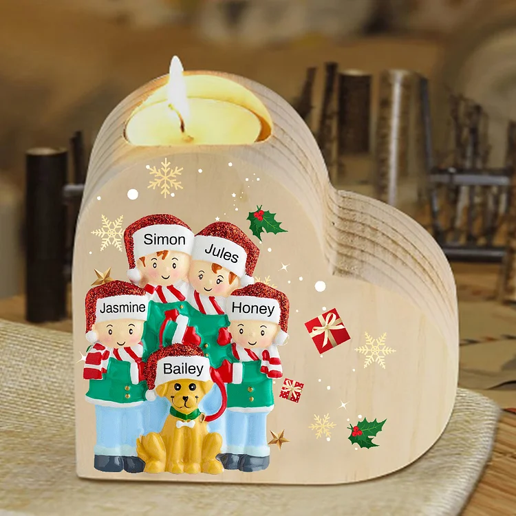 Navidad - Candelero de corazón de madera familia de 4 con perro muñecos personalizado con 5 nombres sin vela