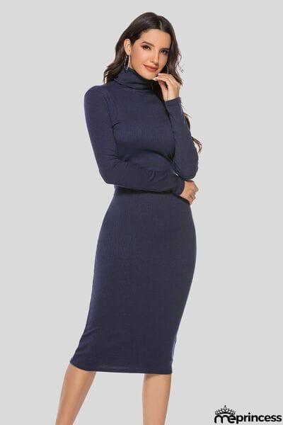 Ribbed Turtleneck Long Sleeve Dress