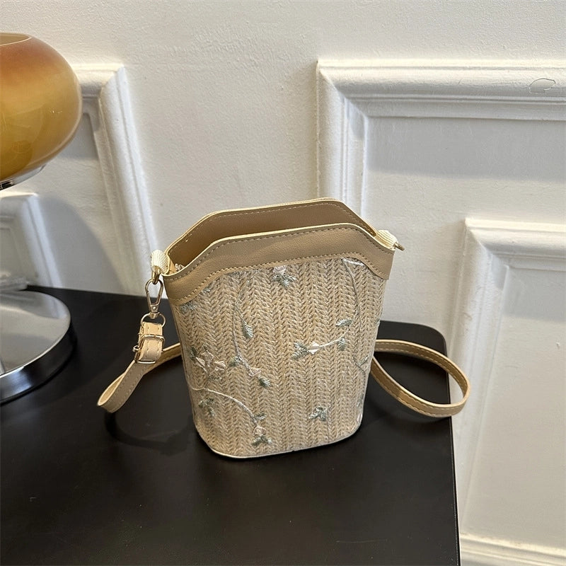 Women's Small Straw Floral Streetwear Zipper Bucket Bag