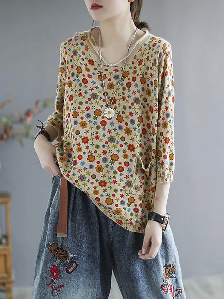 Plus Size - Floral  Knitted Casual Print Pocket Sweater