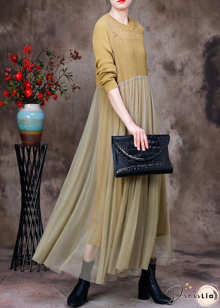 Stylish Yellow O-Neck Tulle Patchwork Knit Dress Long Sleeve