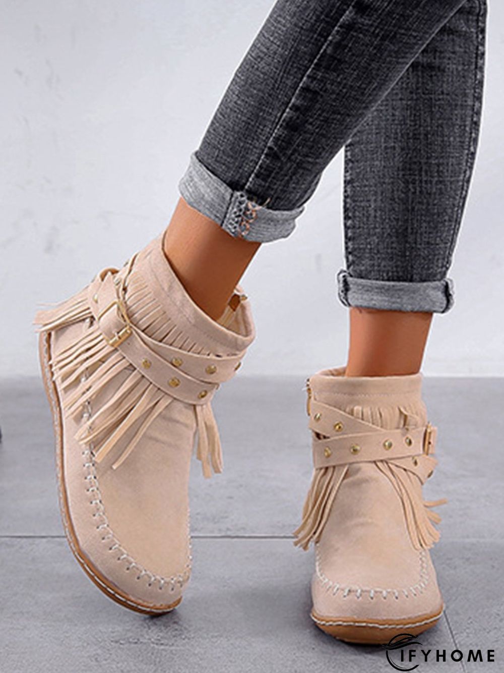 Vintage Fringe Studded Flat Round Toe Buckle Booties | IFYHOME