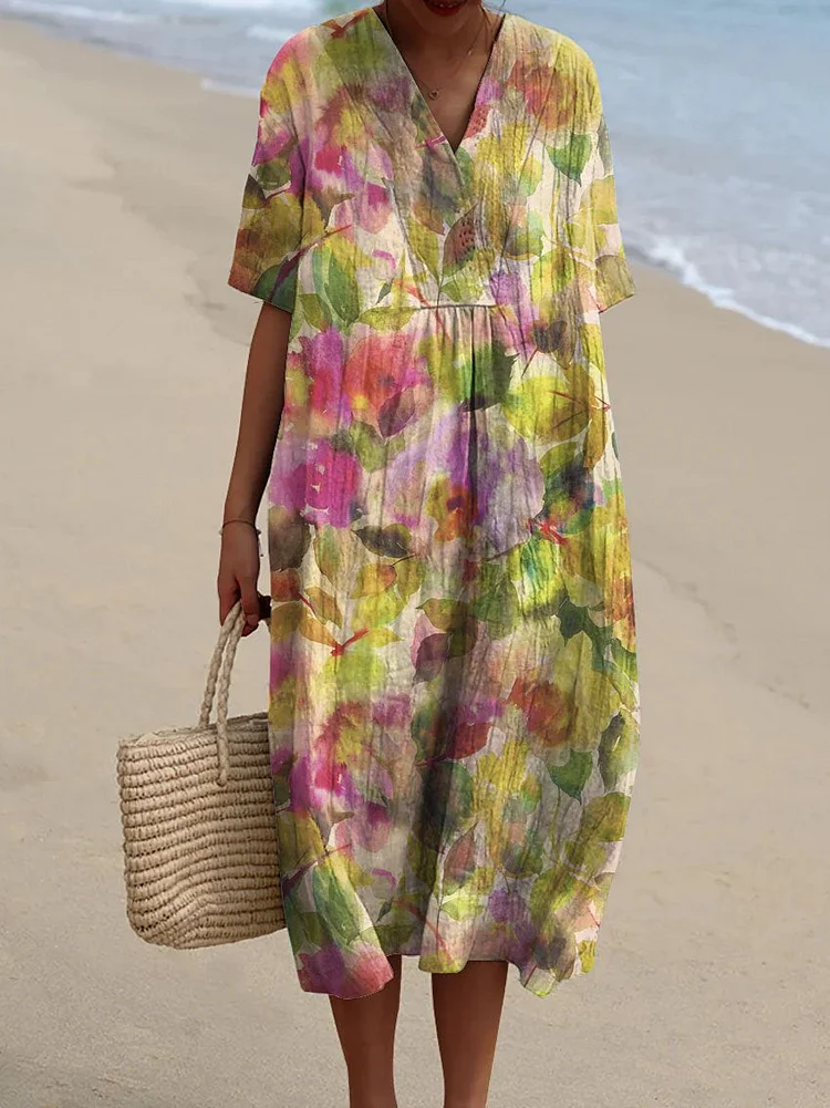 Women's Vintage Floral Watercolor Art Print Casual Flowy Dress