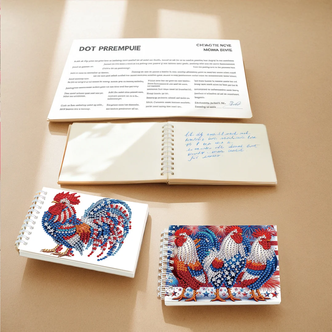 2 Pack USA Flag Rooster DIY Diamond Art Spiral Notebook Kit 80Pages No Lines