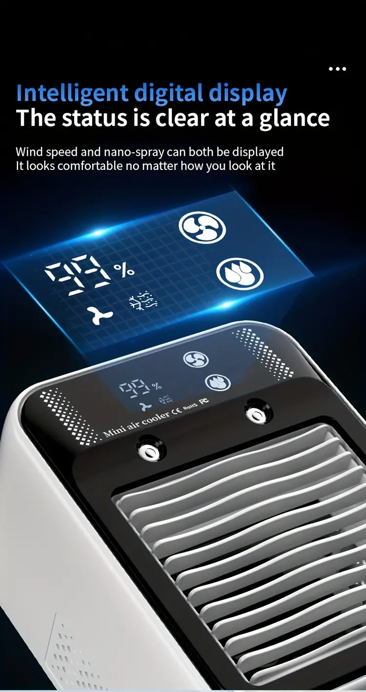 2025 new cooled fan with ice cooling portable desktop spray humidifier rechargeable or usb powered 2 battery capacity 3000mah square shape 36v or below no portable air cooler modern aesthetic durable build quality portable air cooler Product details 11