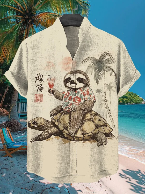 Men's Sloth Riding A Turtle Art Print Casual Shirt