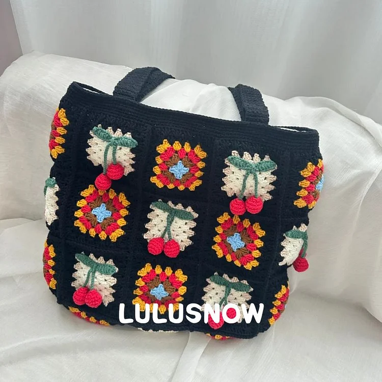 Lulusnow Handmade Black 3D Cherry Granny Square Crochet Shoulder Bag Crochet Handbag  Gift For Her/Christmas/Valentine's/Easter/Mother Day 