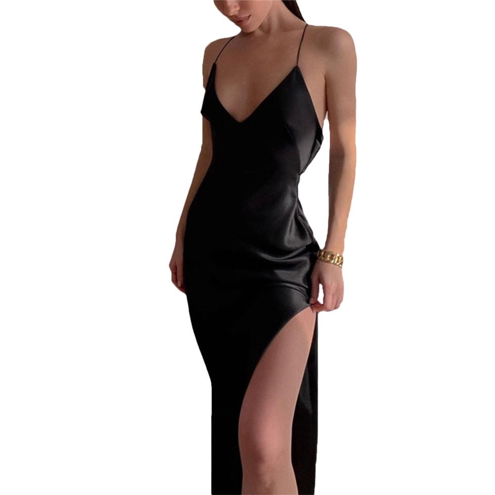 Summer Women Satin Silky Spaghetti Strap Split Long Dress Elegant Sleeveless Backless Club Party Beach Sexy Vestito 2021