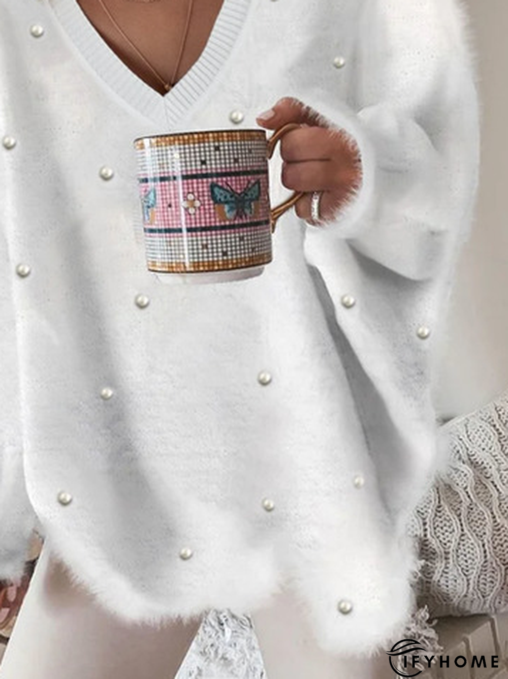 V Neck Casual Plain Pearl Fuzzy Tunic Sweater Knit Jumper | IFYHOME