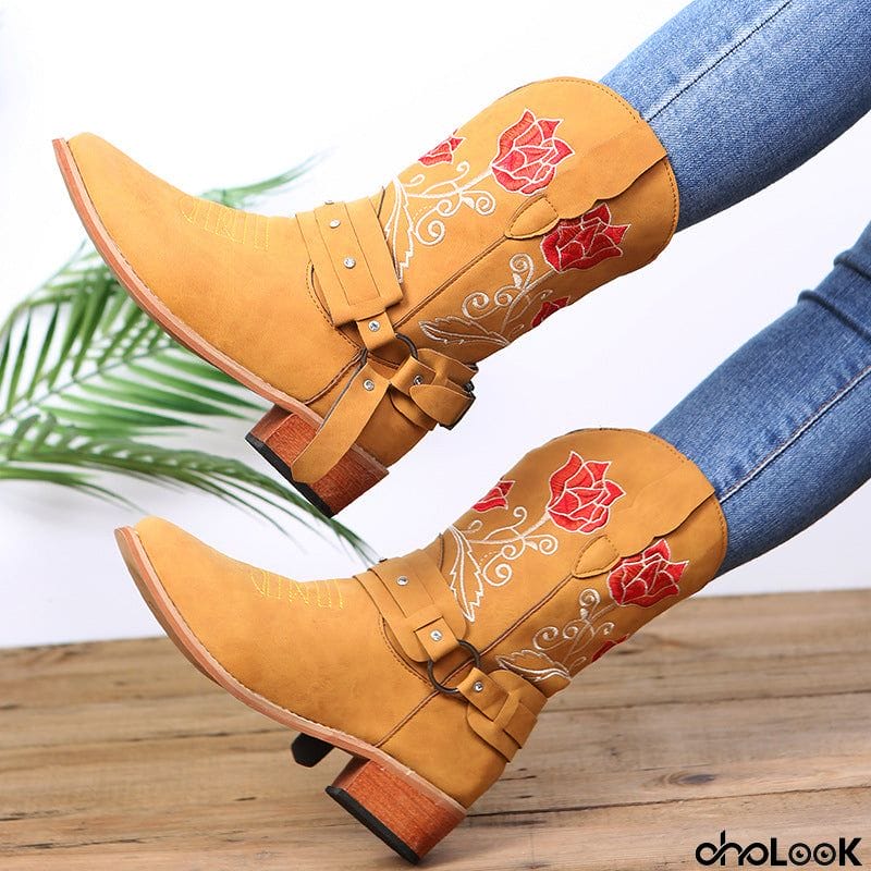 Womens Mid-Heel Fashion Embroidered Rose Mid-Calf Boots With Buckles