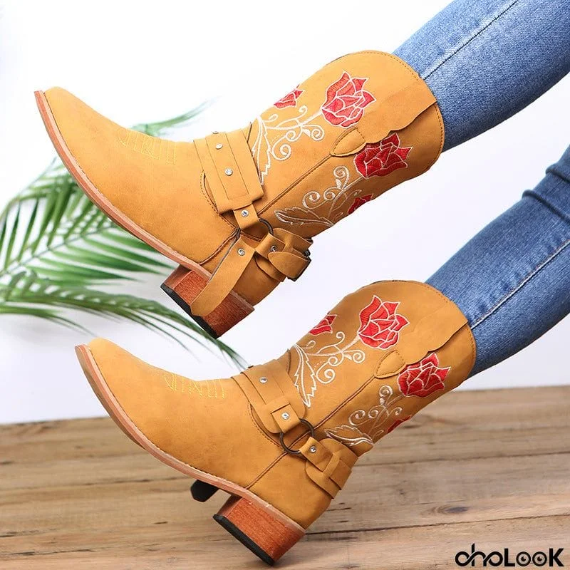 Womens Mid-Heel Fashion Embroidered Rose Mid-Calf Boots With Buckles