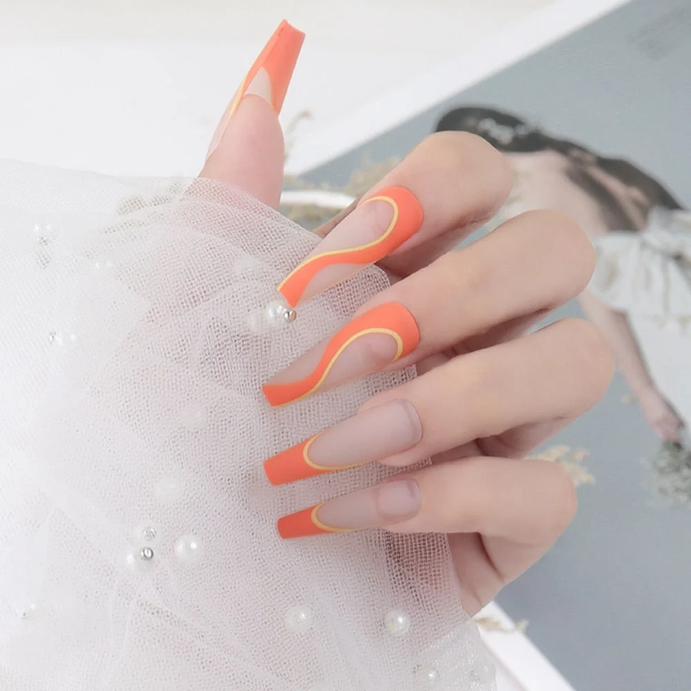 24pcs Orange Matte Long Ballet False Nails Pop Pattern Nail Patch French Coffin Fake Nails Wearing Nail Art Full Cover Nail Tips