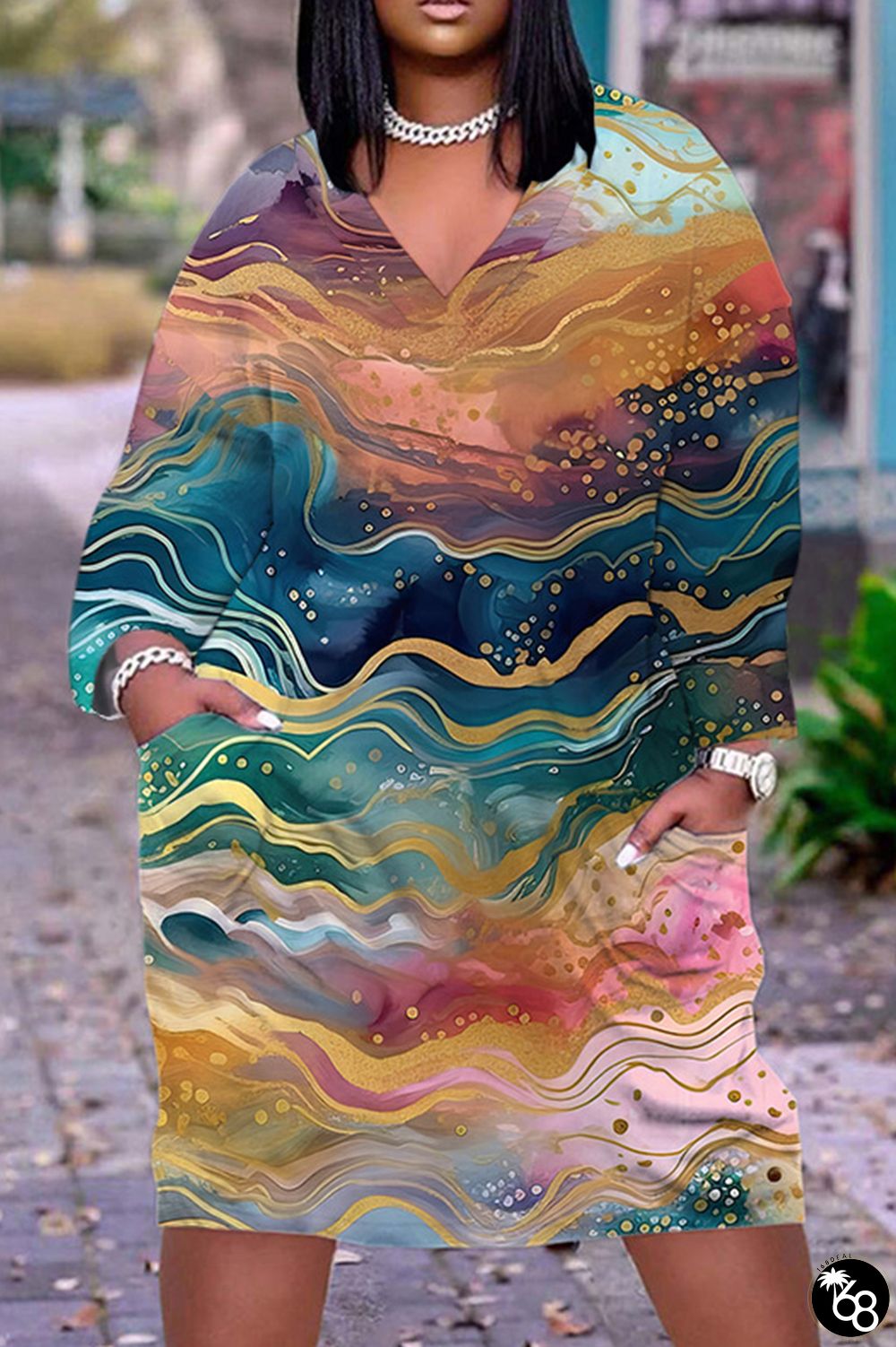 Multicolor Casual Print Basic V Neck Long Sleeve Dresses | 168DEAL