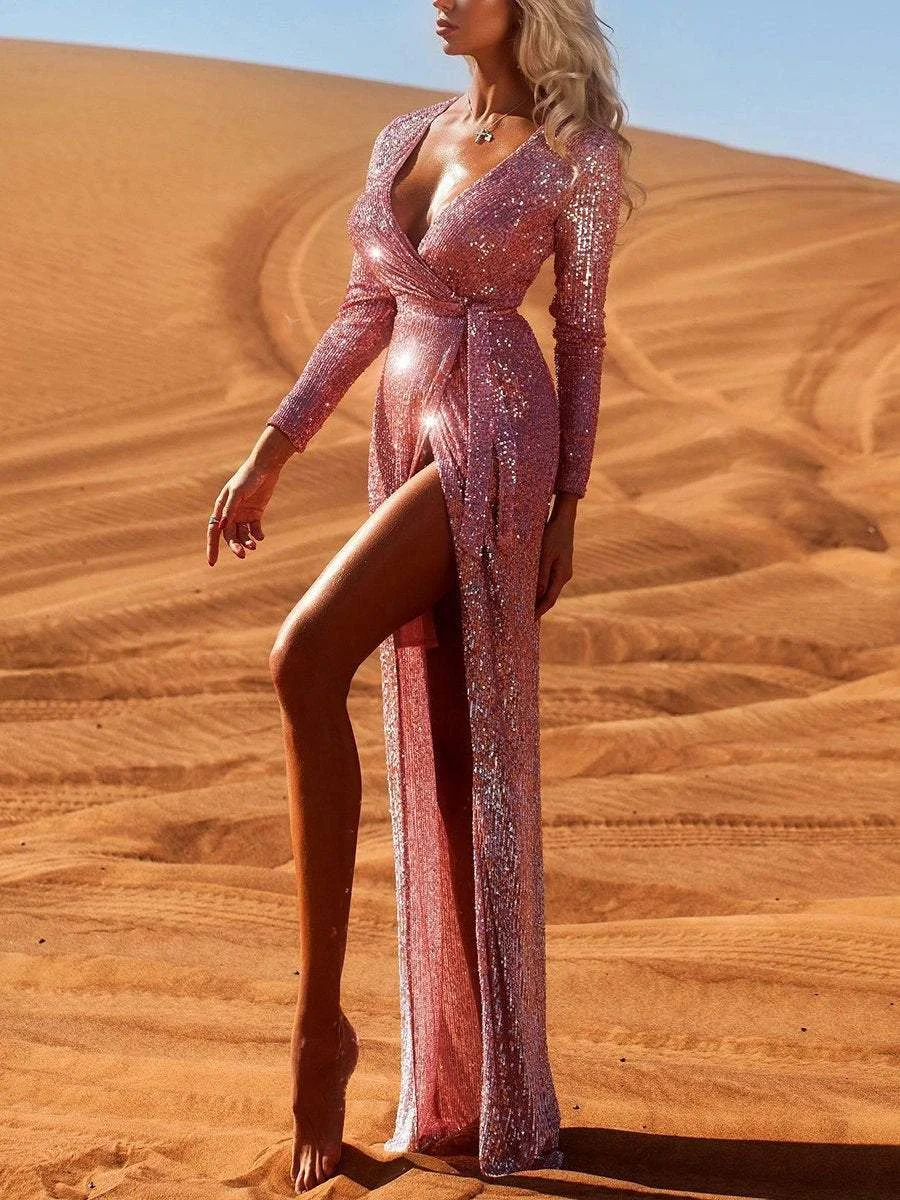 Sexy Deep V Neck Long Sleeve Maxi Dress