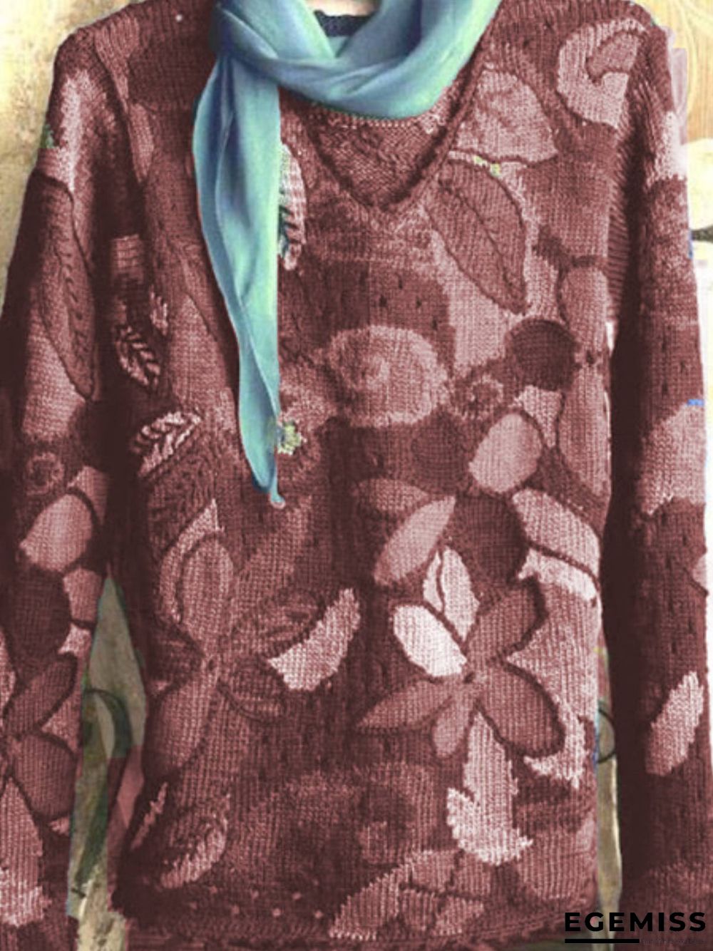 Blue Long Sleeve V Neck Cotton-Blend Leaf Shirts & Tops | EGEMISS