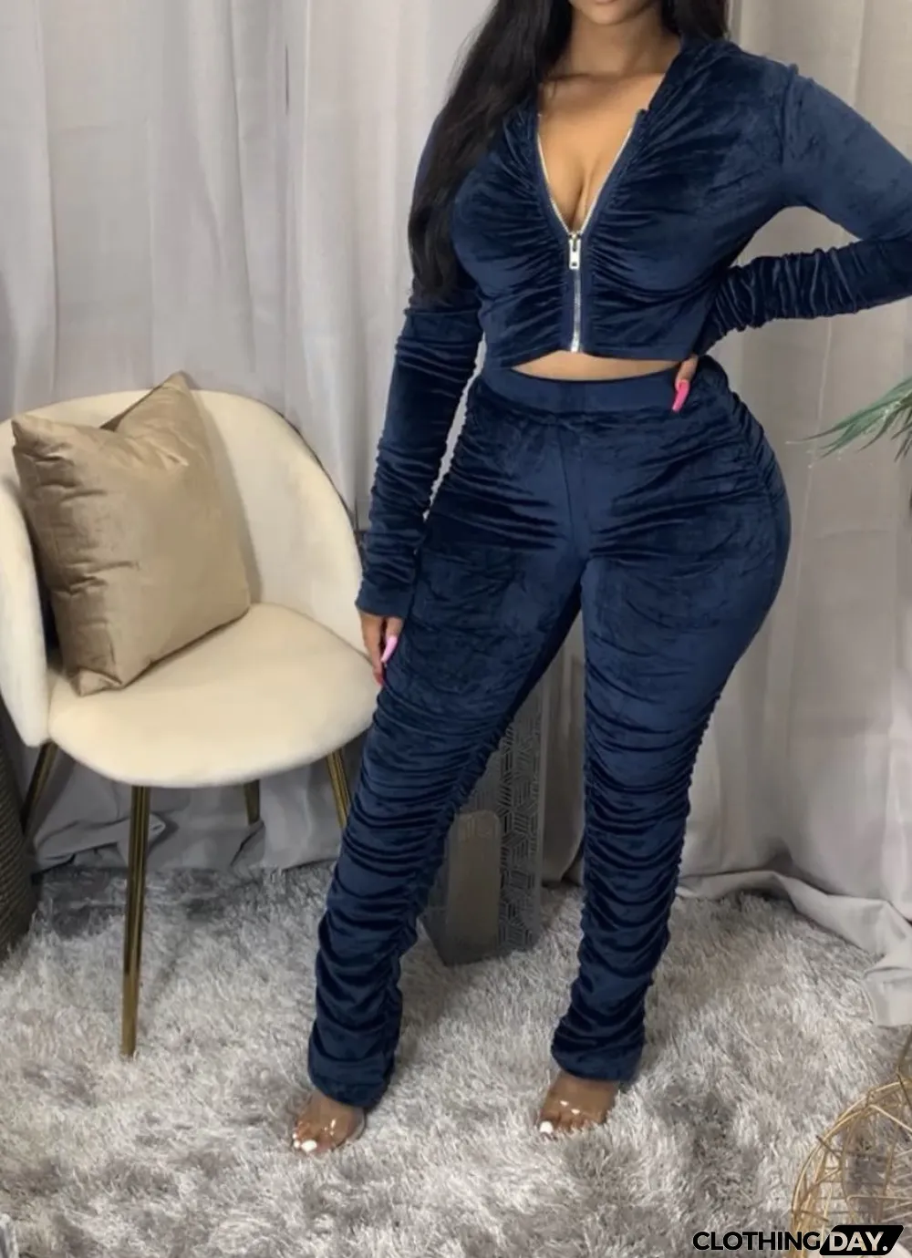 Velvet Pleated Zipper Hooded Jacket Skinny Pants Suit