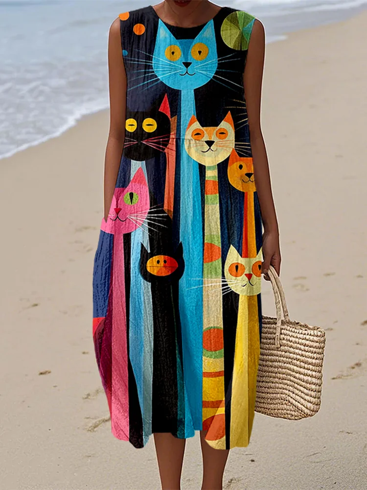 VChics Funny Colorful Cats Pattern Linen Tank Dress