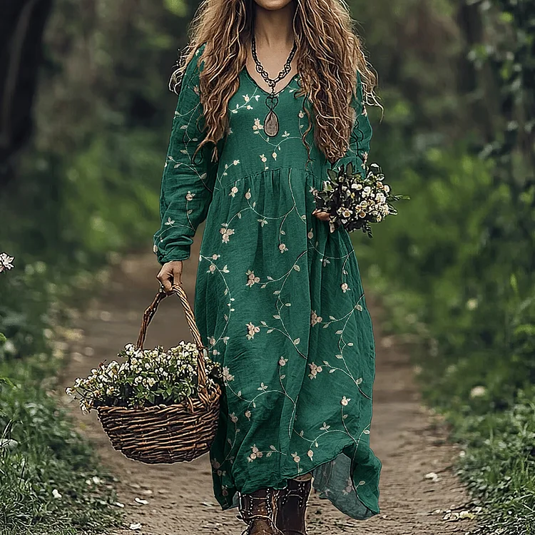 Utbros Vintage Botanical Floral Embroidery Women's Linen Maxi Dress