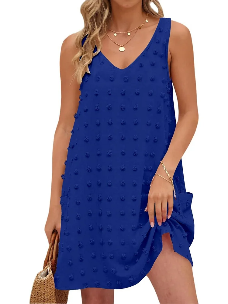 Womens Casual Sun Dresses Summer Swimsuit Swiss Polka Dot Beach Cover Up Sleeveless V Neck Tank Dress Vacation