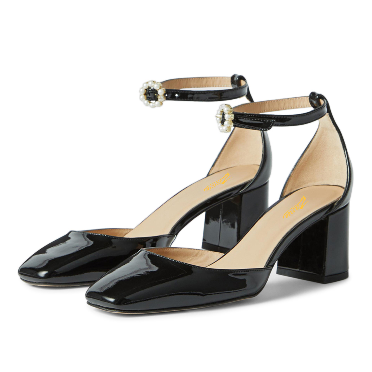 Pearl Ankle Strap Square Toe Block Heel Patent Black Pumps for Women Nicepairs