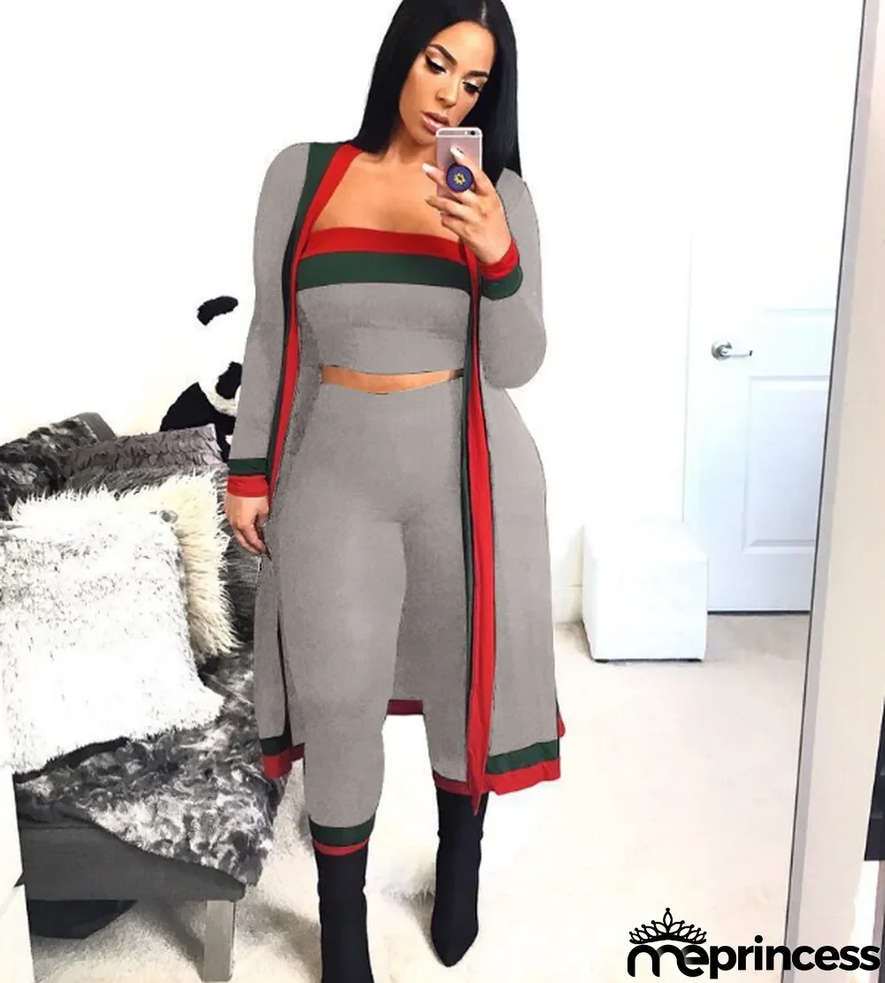 Plus Size Side Striped Tube Top+Pants+Long Cloak 3 Pieces Set