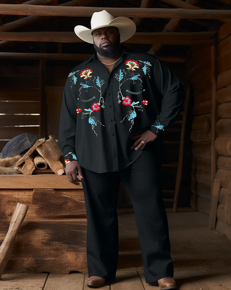 Western Cowboy Style Floral Men's Plus Size Long Sleeve Trousers Two-Piece Set