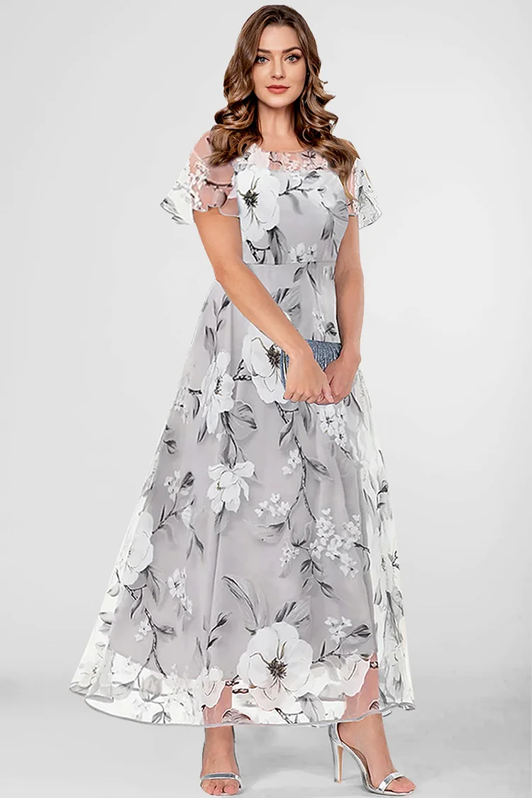 Flycurvy Plus Size Mother Of The Bride Light Grey Organza Floral Print ...