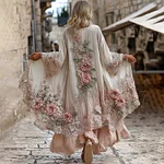 Women's Vintage Bohemian Pink Floral Embroidered Art Casual Linen Blend Long Cardigan - Image 2