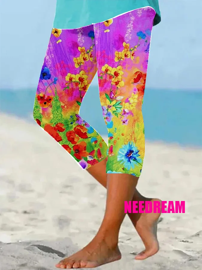 Womens Colorful Oil Painting Floral Pattern Print Resort Casual Leggings