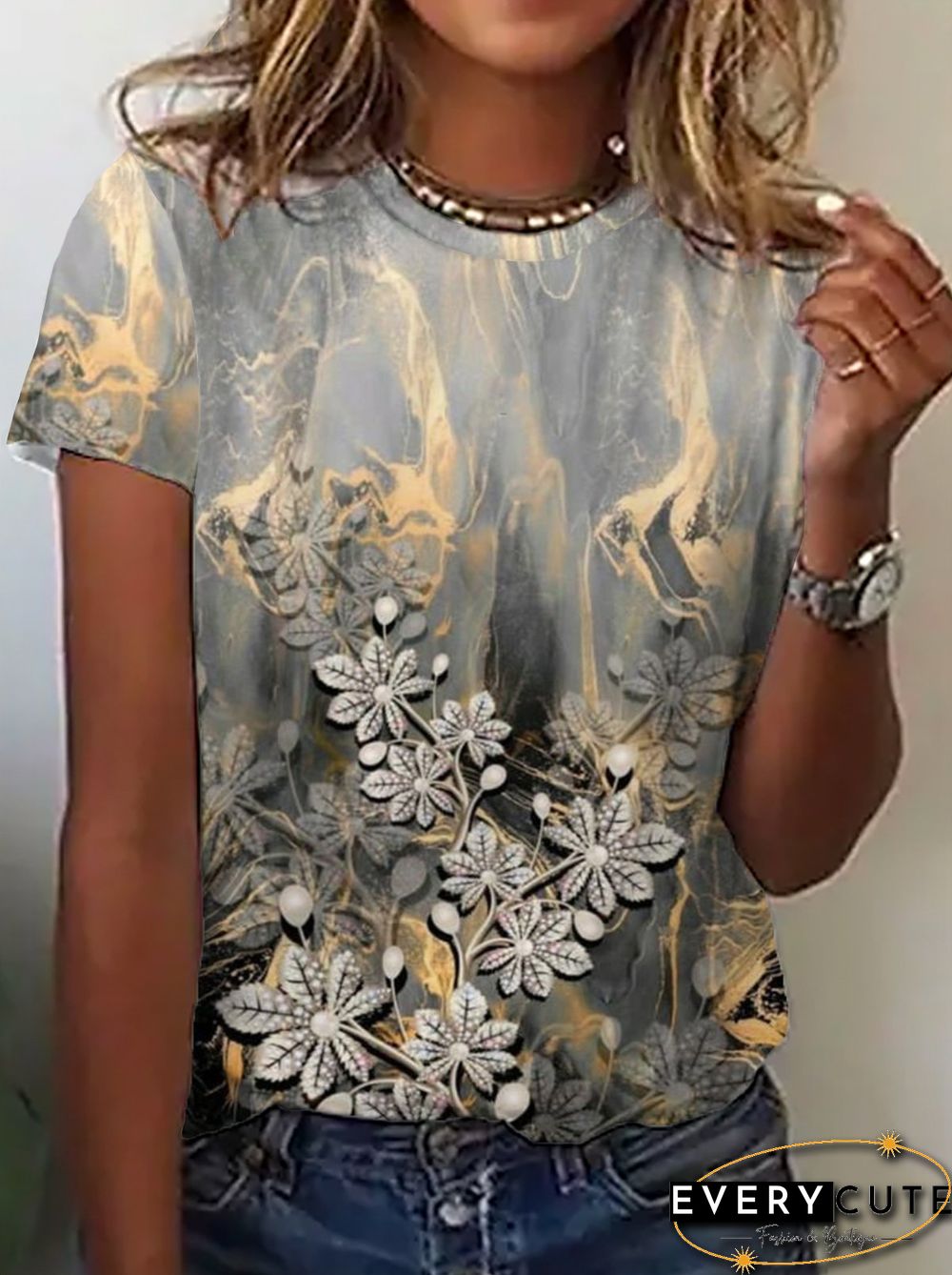 Casual Floral Short Sleeve Crew Neck Plus Size Printed Tops T-shirts