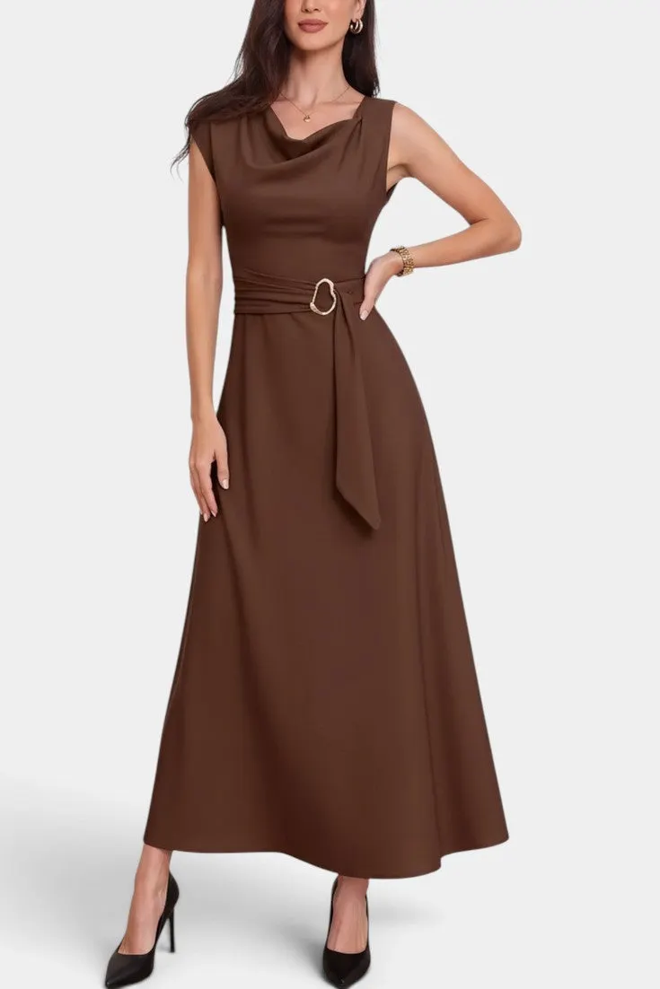 Cowl Neck Maxi Dress with Draped Belt Waist
