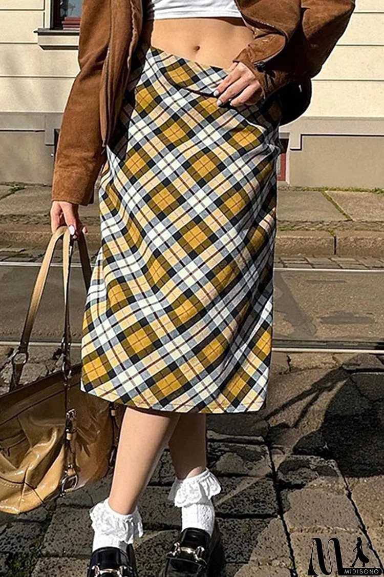 Contrast Plaid High waist Midi Skirt