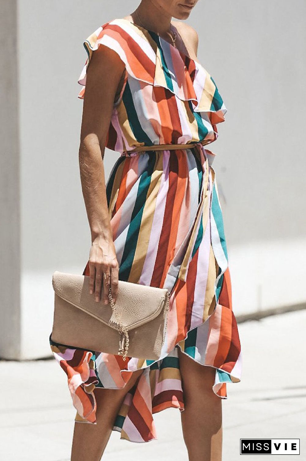 Fashion Street Striped Split Joint One Shoulder Irregular Dresses