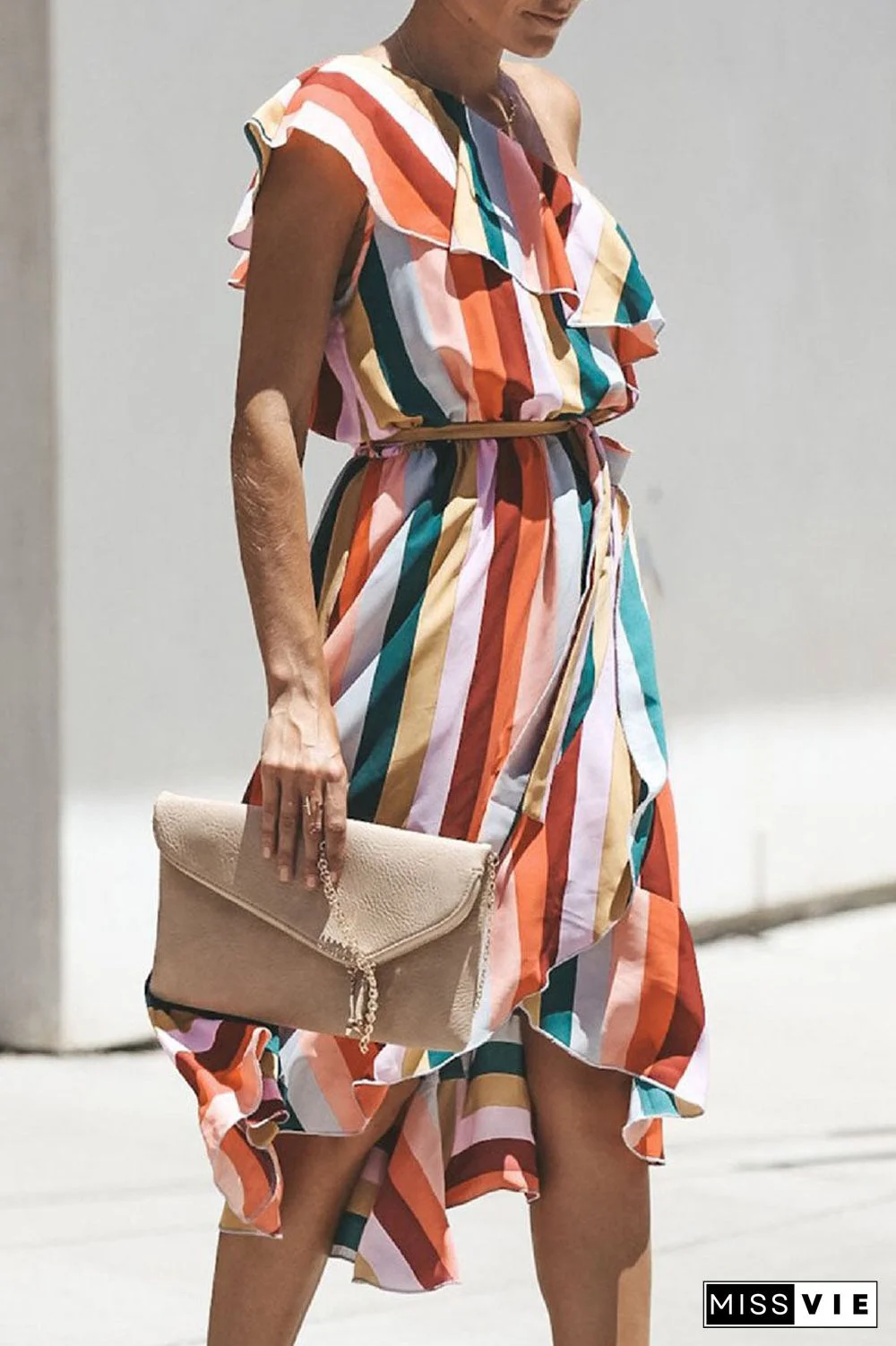 Fashion Street Striped Split Joint One Shoulder Irregular Dresses