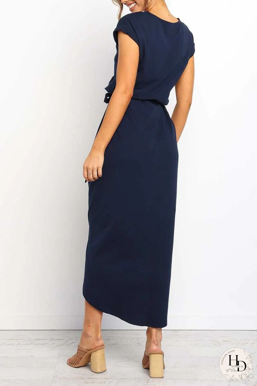 Buttons Short Sleeve Tie Waist Midi Dress With Slit