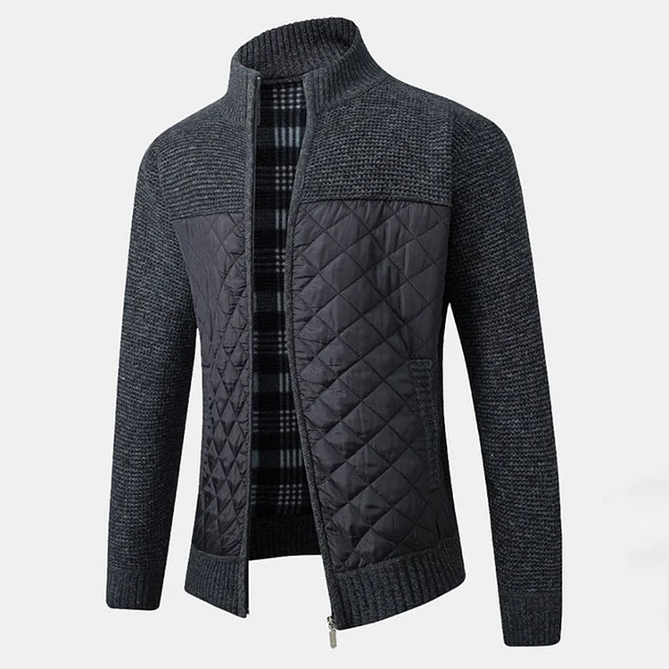 Casual Knit Patchwork Plaid Zipper Long Sleeve Jacket