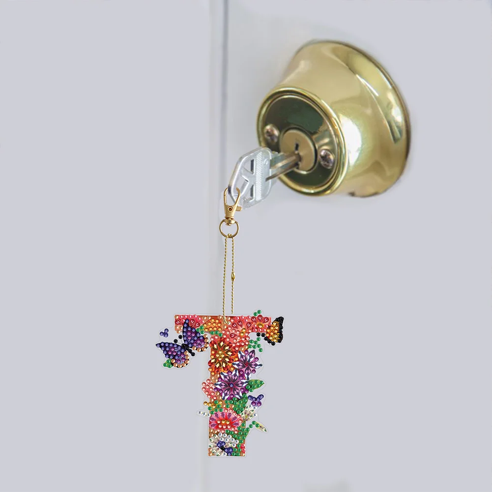 DIY T Diamond Art Key Rings Lettter Keychain Supplies Gift for Kids(Double Sided)