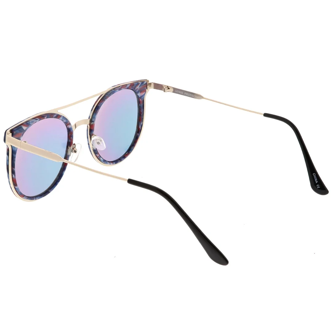 Modern Horn Rimmed glasses Sleek Double Nose Bridge Round Color Mirrored Lens 51mm