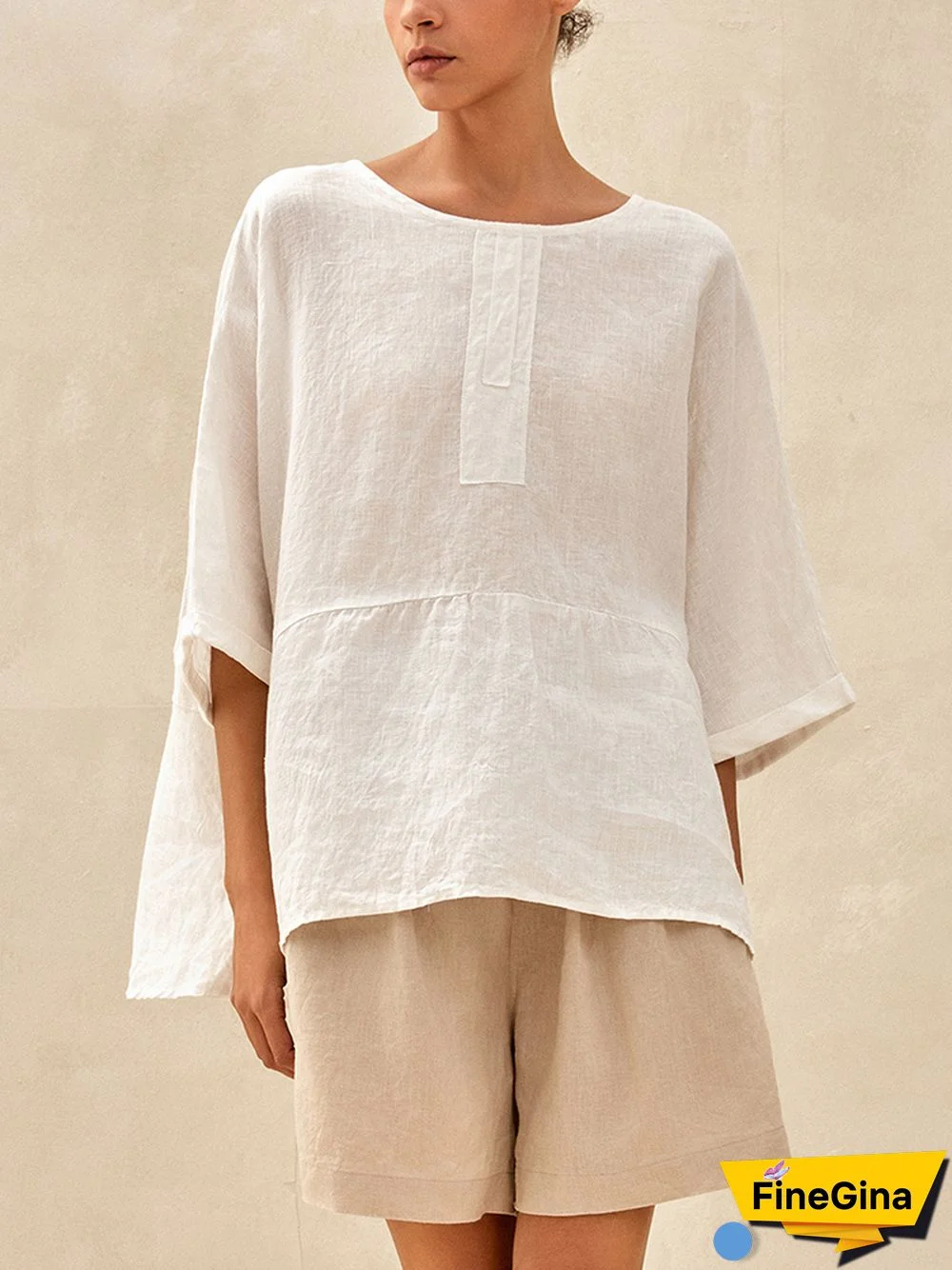 Robyn Linen Round Neck Mid-Sleeve Top