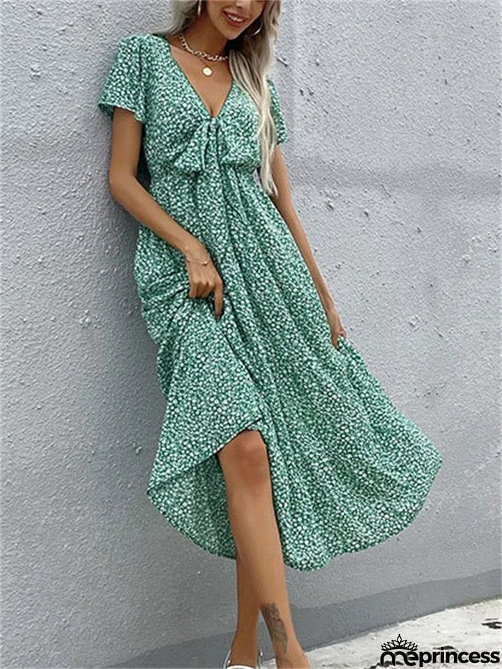 Stylish Elegant Slim Green Printed V Neck Short Sleeve Dresses