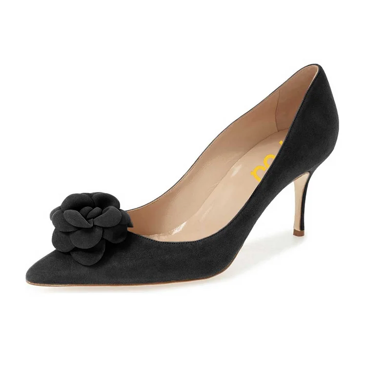 Black Flowers Vegan Suede Office Heels Stiletto Heels Dress Pumps by FSJ |FSJ Shoes