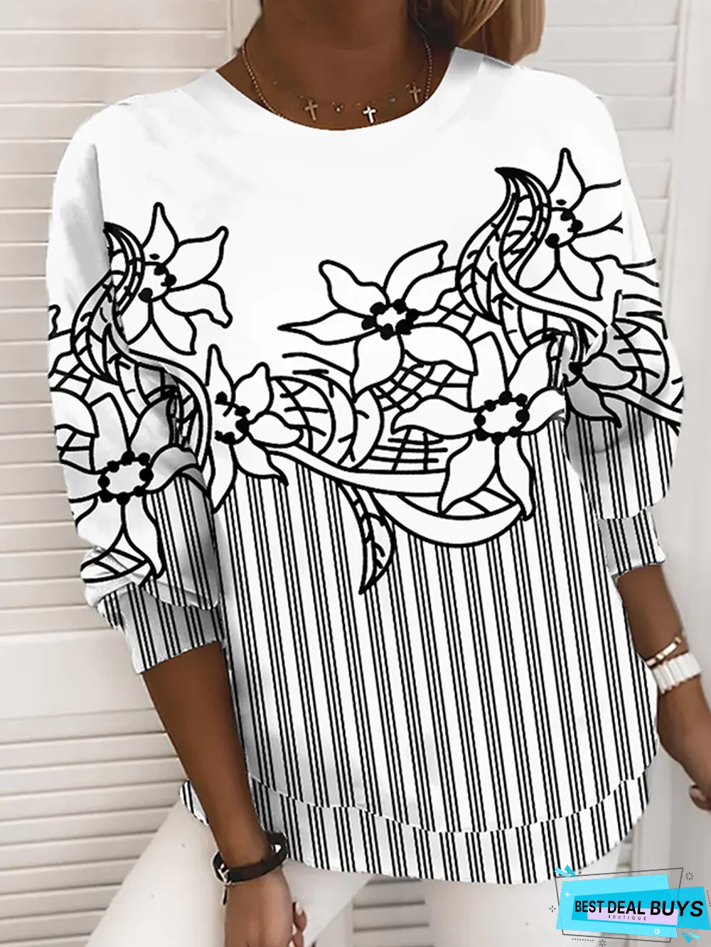 Loose Jersey Crew Neck Floral Hoodies & Tunic Sweatshirt